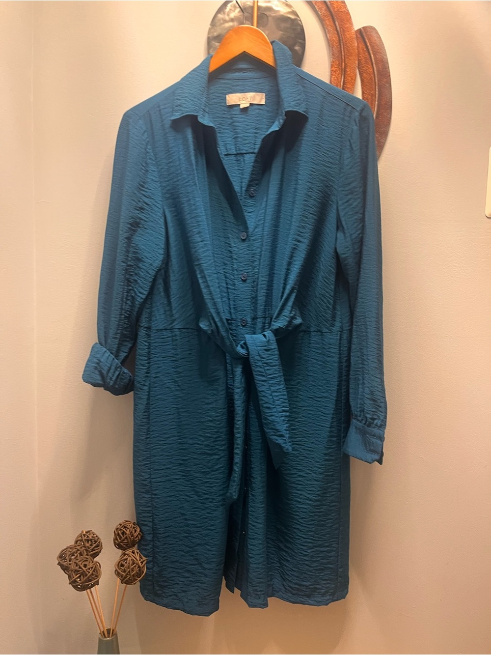 LOFT Teal Textured Tie-Front Long Sleeve Dress 6 - Picture 3 of 15